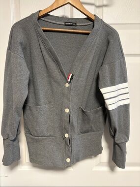 Gray Women's Button-Front Cardigan Sweater with Sleeve Stripes